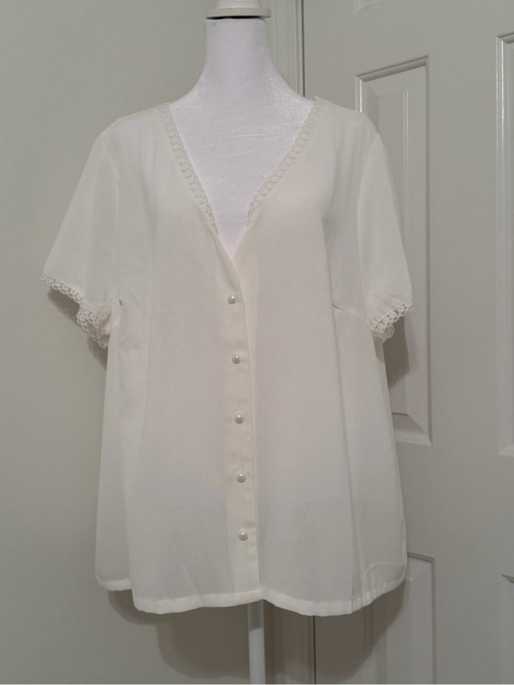 White Blouse with Pearl Buttons Crochet Lace Trim
